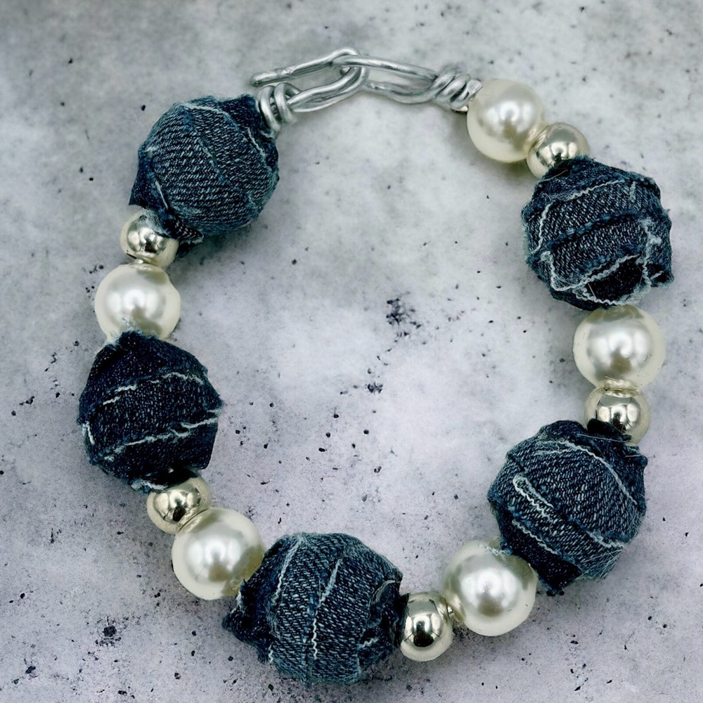 Handcrafted Upcycled Denim Earring wrapped beads and pearls.